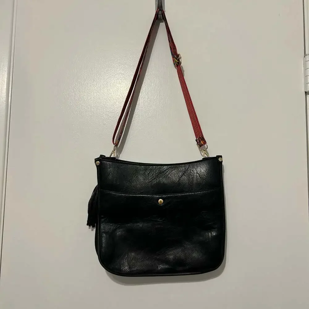 Black Faux Leather Crossbody Bag with Colorful Woven Guitar Strap and Tassel